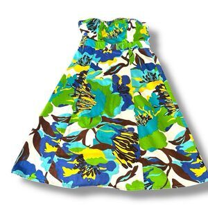 A.N.A Strapless Green Blue Tropical Floral Dress Size 10